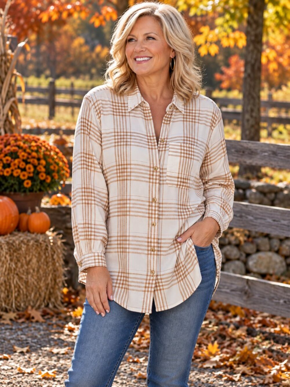 C&C CALIFORNIA Flannel Shirt Collared Button-Up White w/Tan Plaid NWOT XL